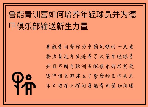 鲁能青训营如何培养年轻球员并为德甲俱乐部输送新生力量